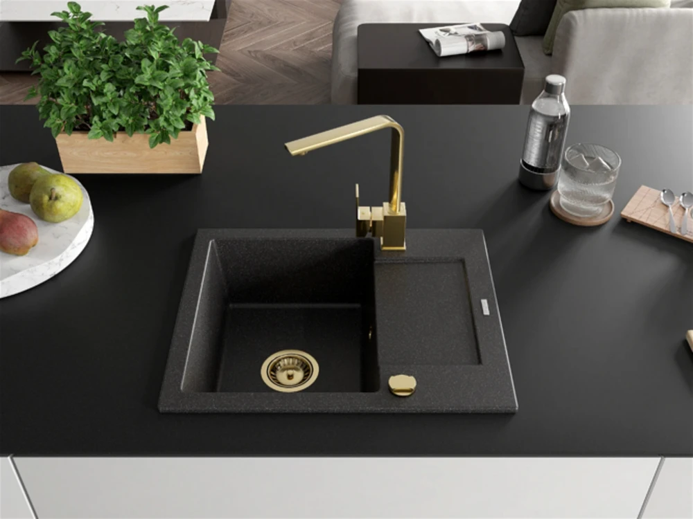 Granitinė virtuvinė plautuvė Mexen Enzo su maišytuvu ir sifonu, Juodas granite+Gold