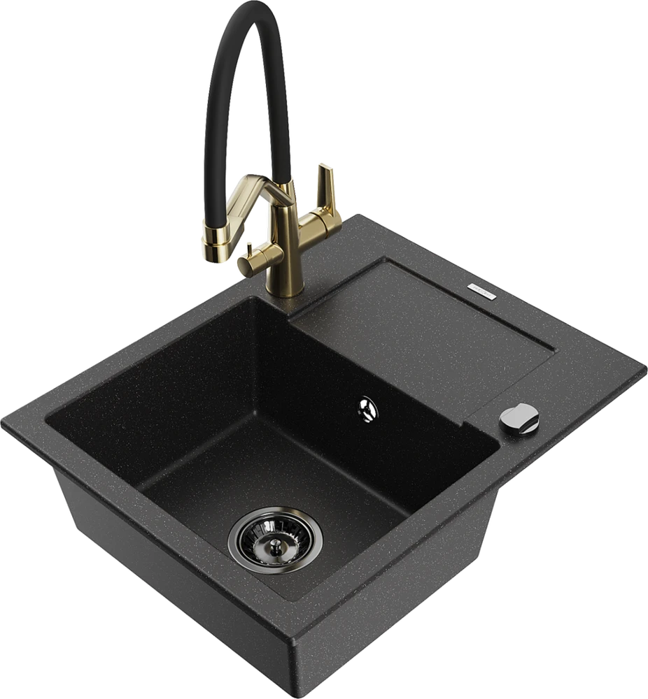 Granitinė virtuvinė plautuvė Mexen Enzo su maišytuvu ir sifonu, Metallic juodas/sidabrinis+Juodas/Gold