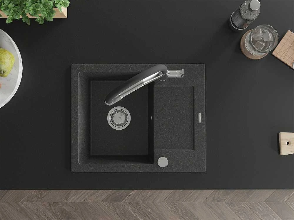 Granitinė virtuvinė plautuvė Mexen Enzo su maišytuvu ir sifonu, Juodas granite+Juodas/Chrome