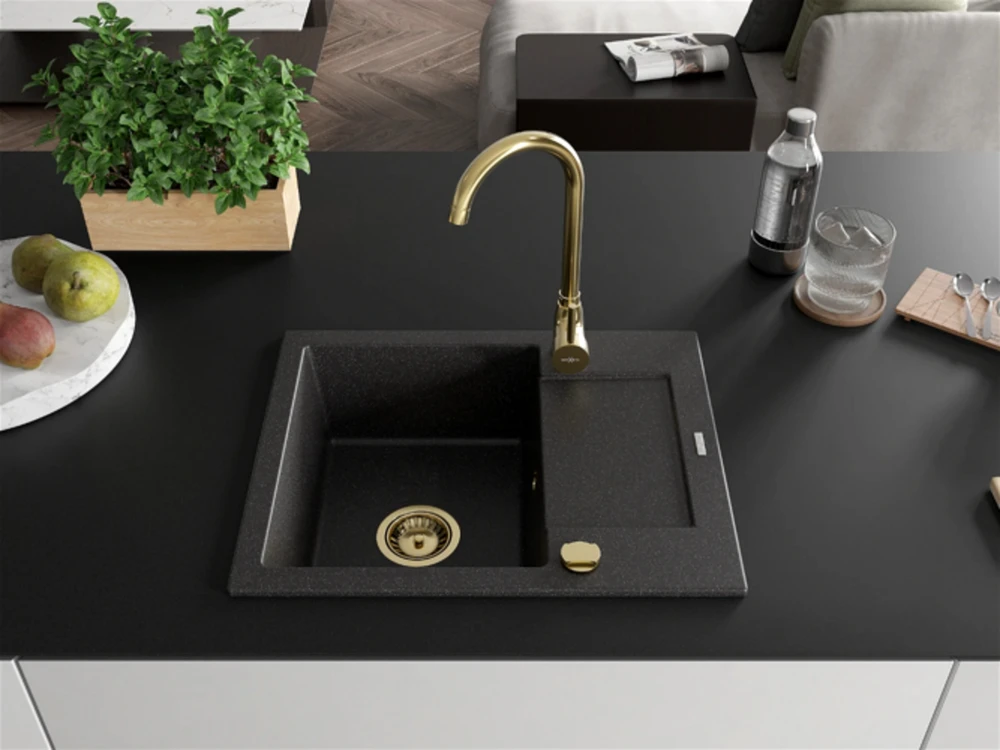 Granitinė virtuvinė plautuvė Mexen Enzo su maišytuvu ir sifonu, Juodas granite+Gold