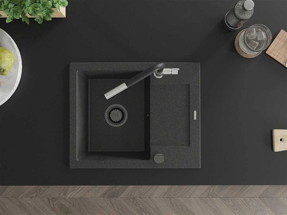 Granitinė virtuvinė plautuvė Mexen Enzo su maišytuvu ir sifonu, Juodas granite+Juodas/Chrome
