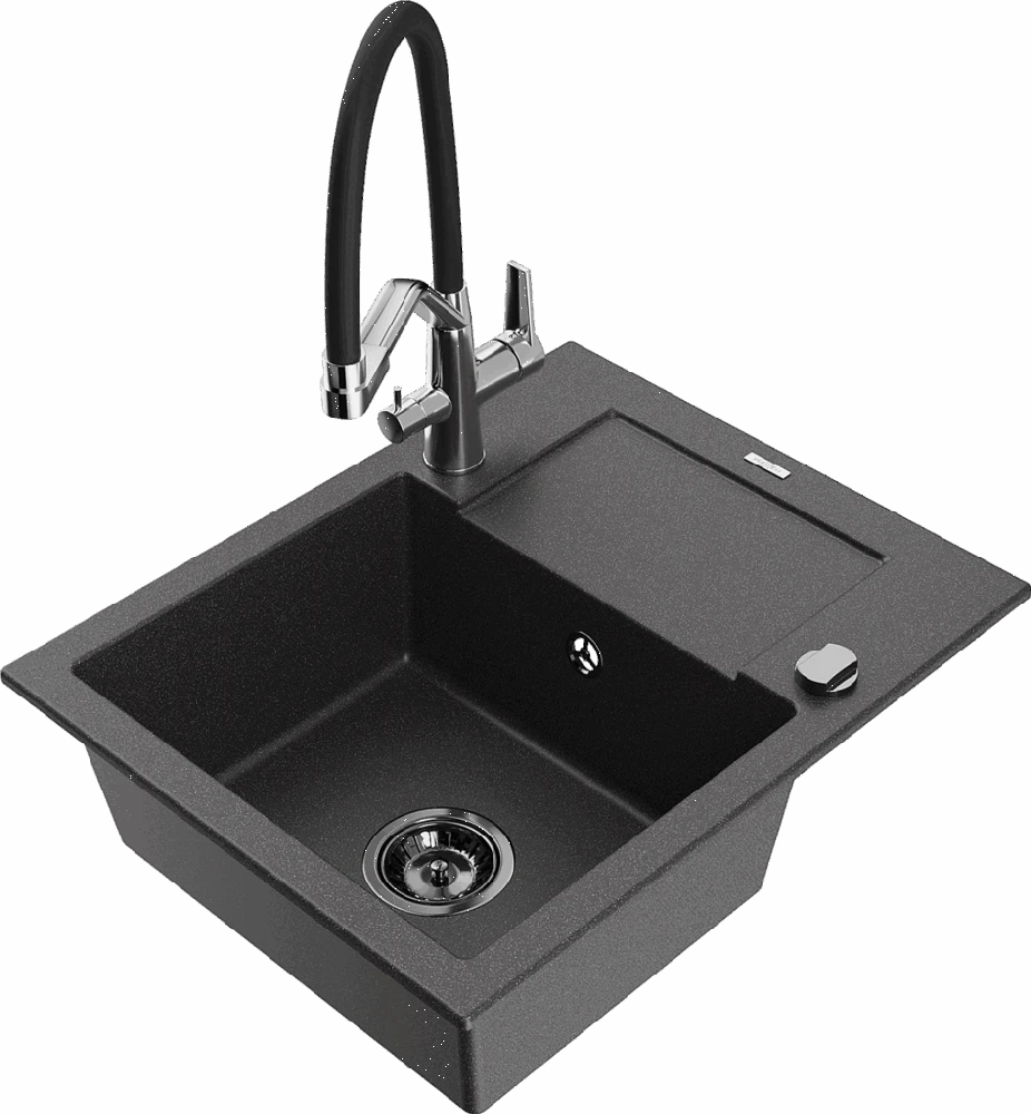 Granitinė virtuvinė plautuvė Mexen Enzo su maišytuvu ir sifonu, Juodas granite+Juodas/Chrome
