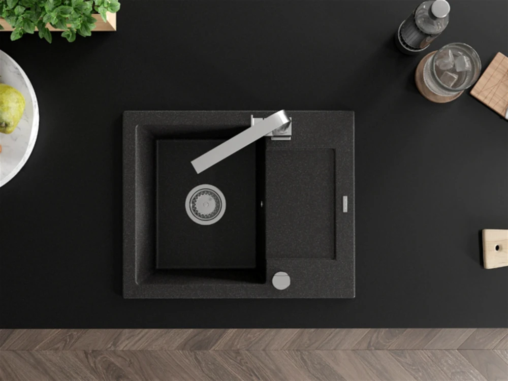 Granitinė virtuvinė plautuvė Mexen Enzo su maišytuvu ir sifonu, Juodas granite+Chrome