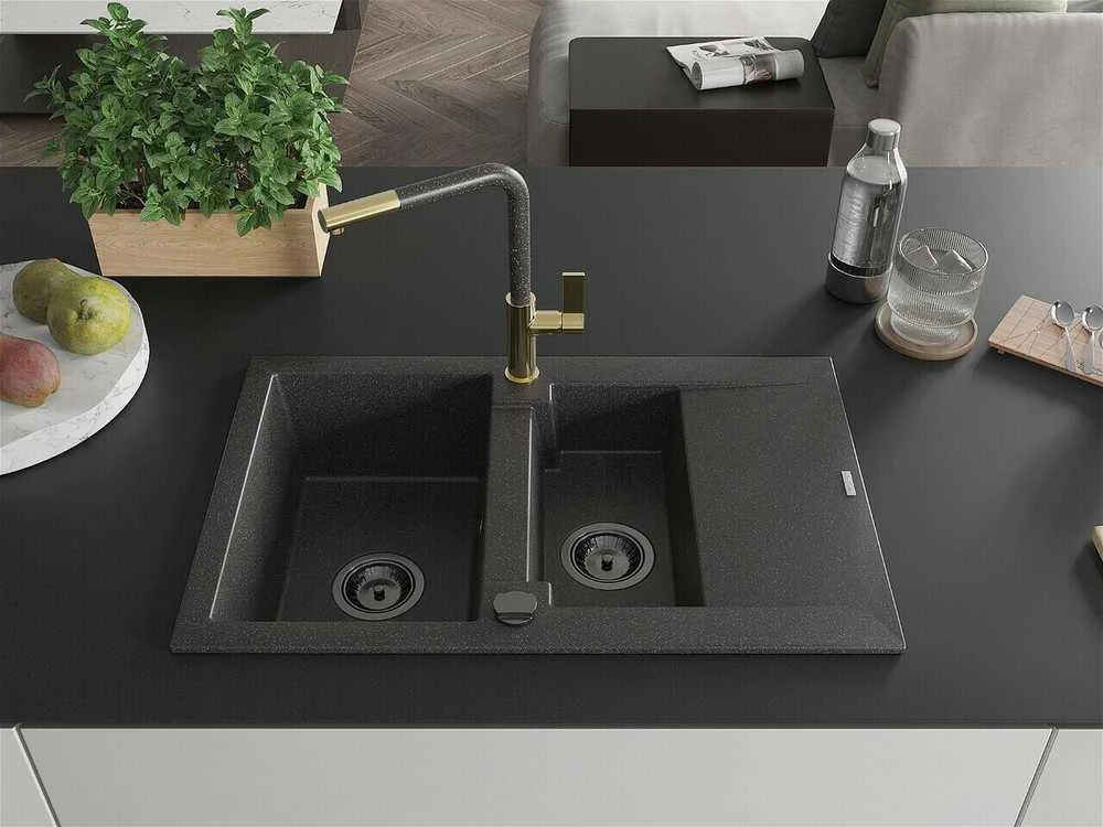 Granitinė virtuvinė plautuvė Mexen Gaspar su maišytuvu ir sifonu, Juodas granite+Juodas granite/Gold