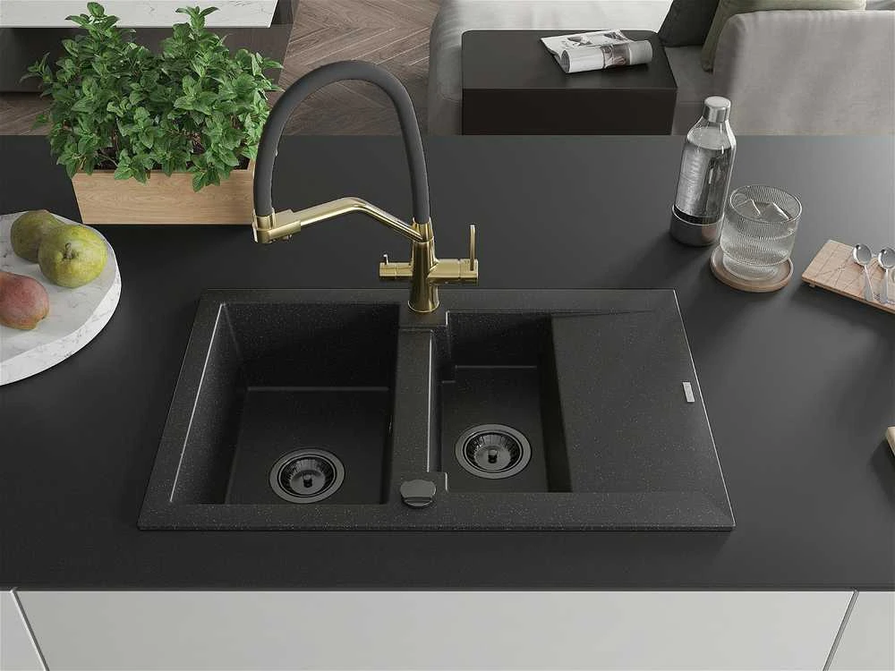 Granitinė virtuvinė plautuvė Mexen Gaspar su maišytuvu ir sifonu, Metallic juodas/sidabrinis+Juodas/Gold