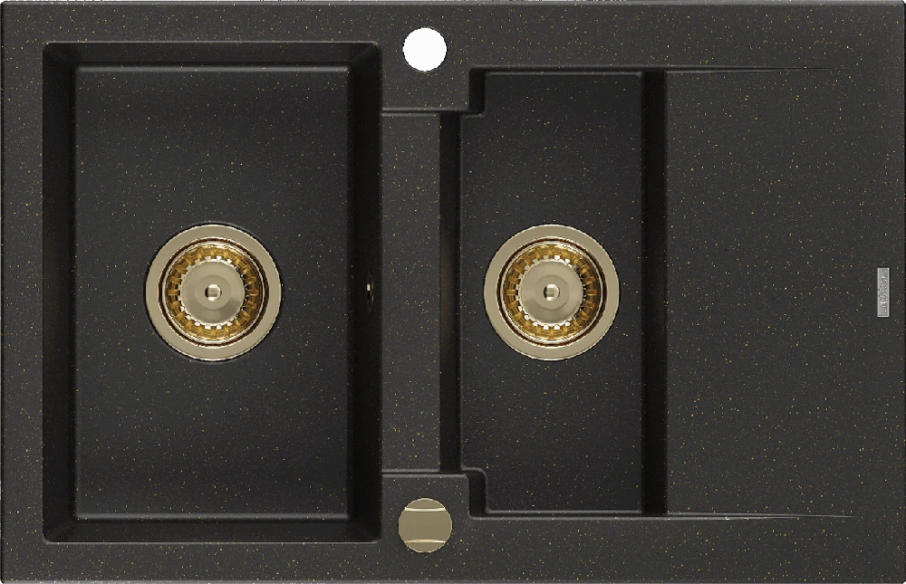 Granitinė virtuvinė plautuvė Mexen Gaspar su sifonu, Metallic juodas/auksinis+Gold, 737 x 475 mm