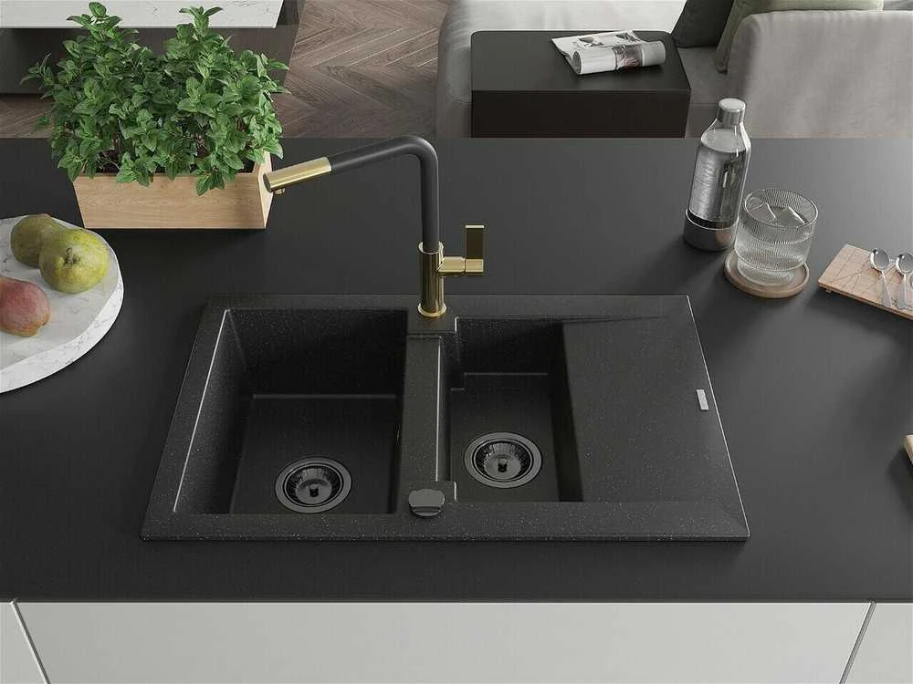 Granitinė virtuvinė plautuvė Mexen Gaspar su maišytuvu ir sifonu, Metallic juodas/sidabrinis+Juodas/Gold