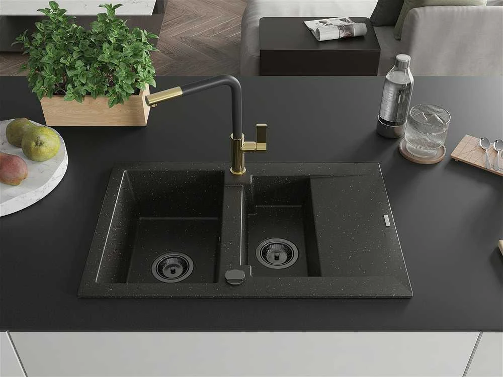 Granitinė virtuvinė plautuvė Mexen Gaspar su maišytuvu ir sifonu, Metallic juodas/auksinis+Juodas/Gold