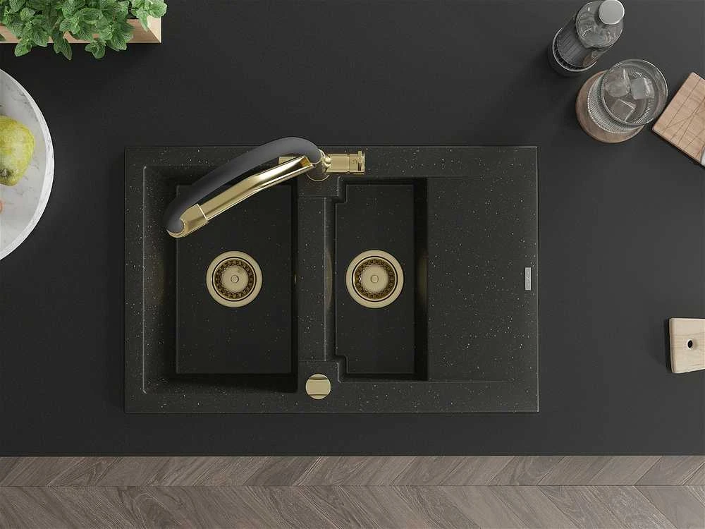 Granitinė virtuvinė plautuvė Mexen Gaspar su maišytuvu ir sifonu, Metallic juodas/auksinis+Juodas/Gold