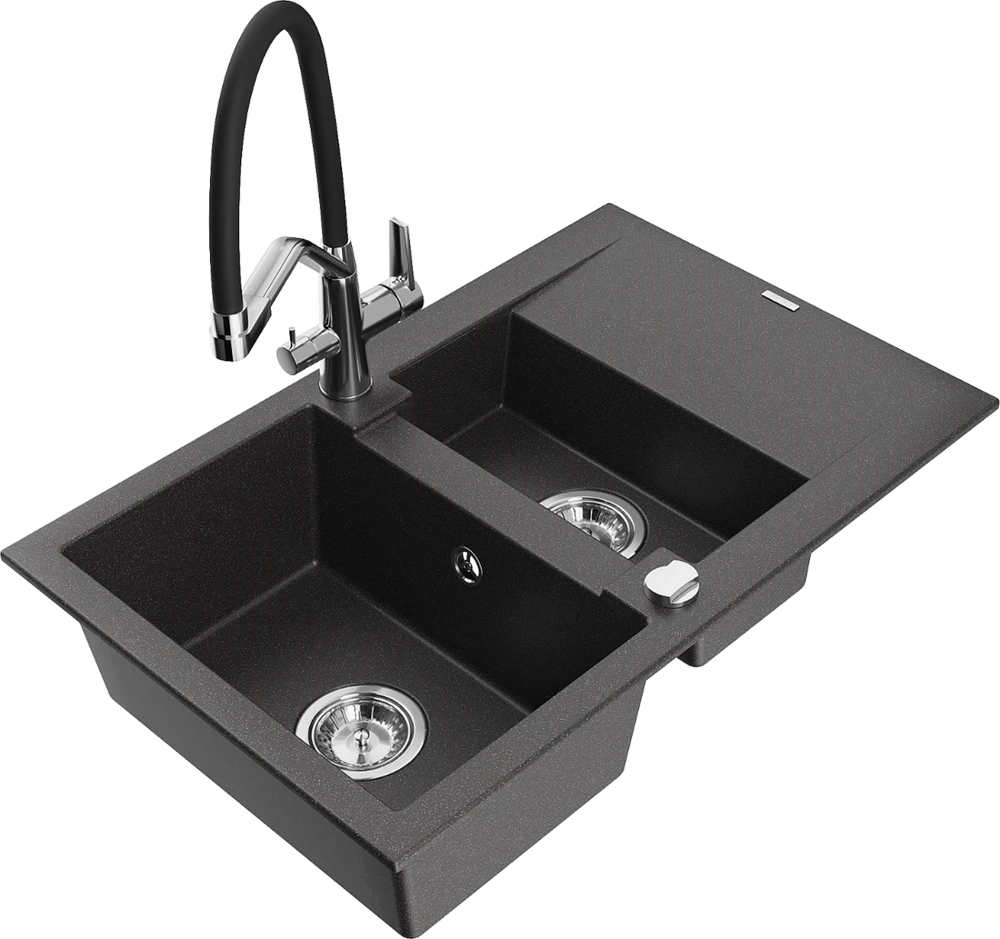 Granitinė virtuvinė plautuvė Mexen Gaspar su maišytuvu ir sifonu, Juodas granite+Juodas/Chrome