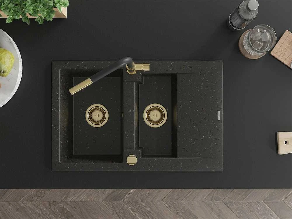 Granitinė virtuvinė plautuvė Mexen Gaspar su maišytuvu ir sifonu, Metallic juodas/auksinis+Juodas/Gold
