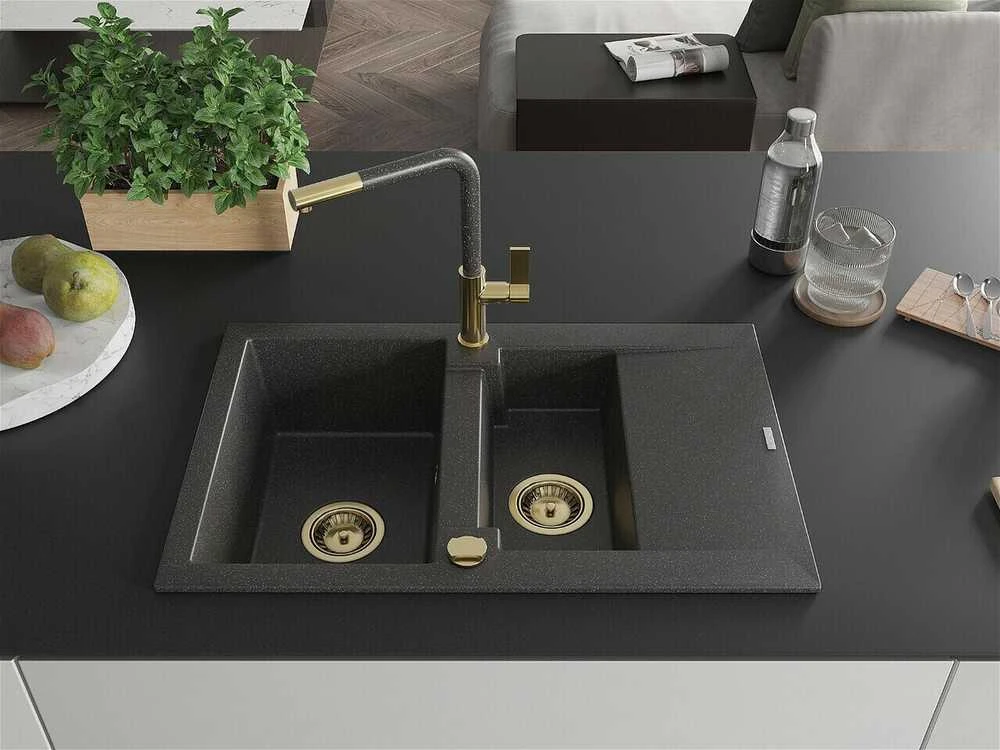 Granitinė virtuvinė plautuvė Mexen Gaspar su maišytuvu ir sifonu, Juodas granite+Juodas granite/Gold