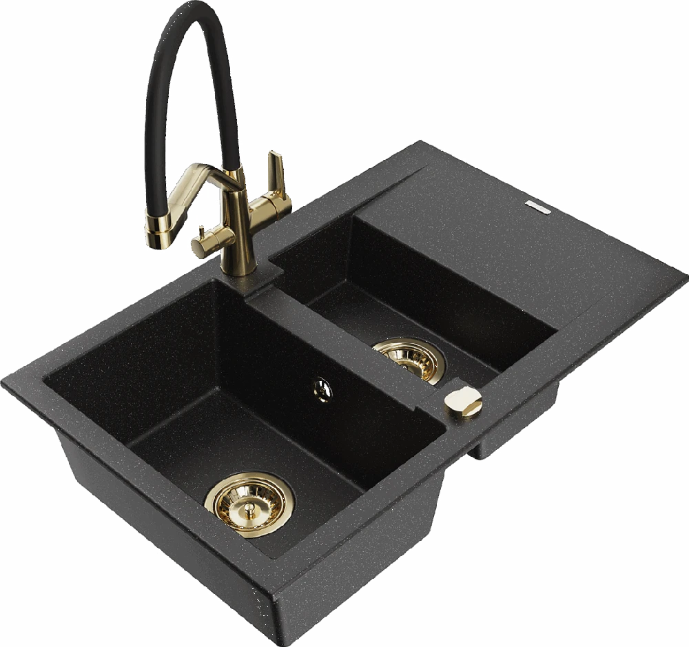 Granitinė virtuvinė plautuvė Mexen Gaspar su maišytuvu ir sifonu, Metallic juodas/sidabrinis+Juodas/Gold