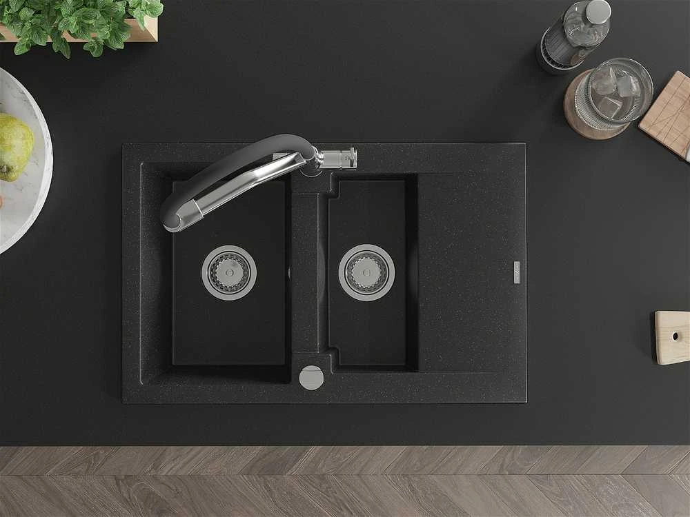 Granitinė virtuvinė plautuvė Mexen Gaspar su maišytuvu ir sifonu, Metallic juodas/sidabrinis+Juodas/Chrome