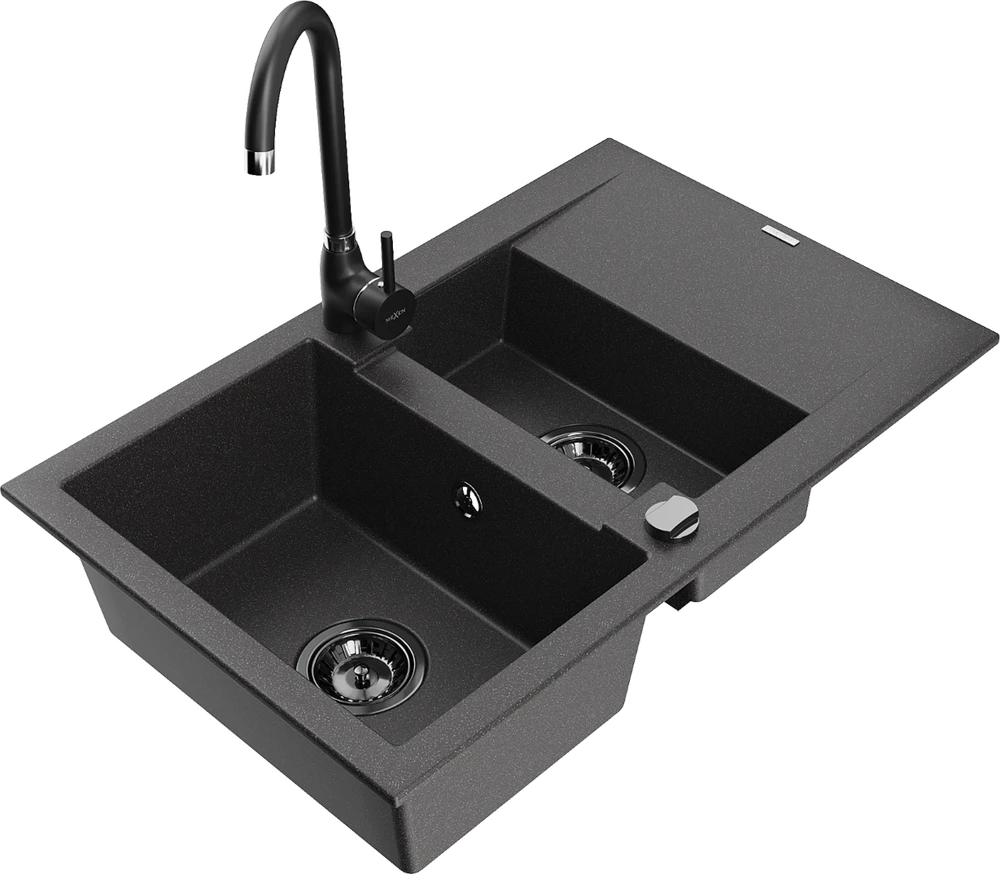 Granitinė virtuvinė plautuvė Mexen Gaspar su maišytuvu ir sifonu, Juodas granite+Juodas