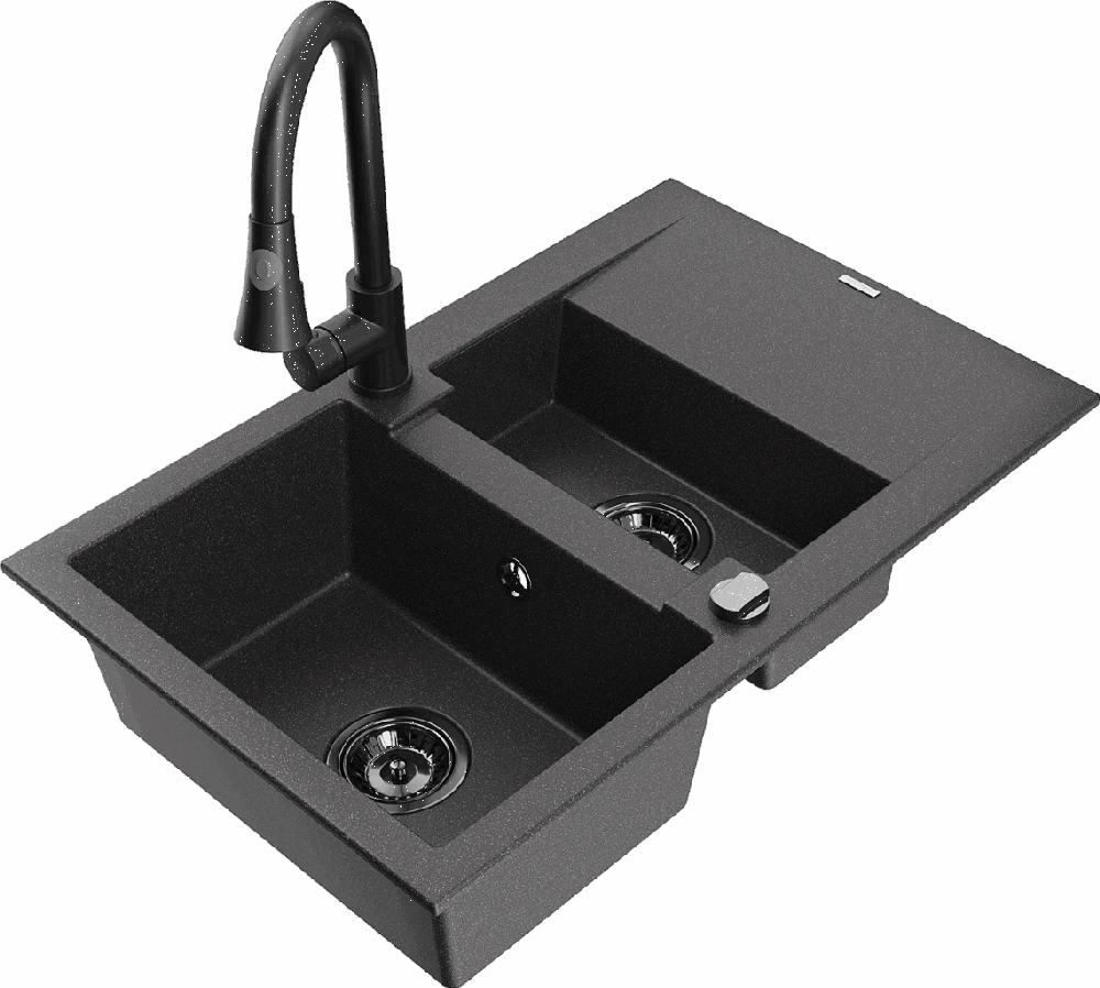 Granitinė virtuvinė plautuvė Mexen Gaspar su maišytuvu ir sifonu, Juodas granite+Juodas