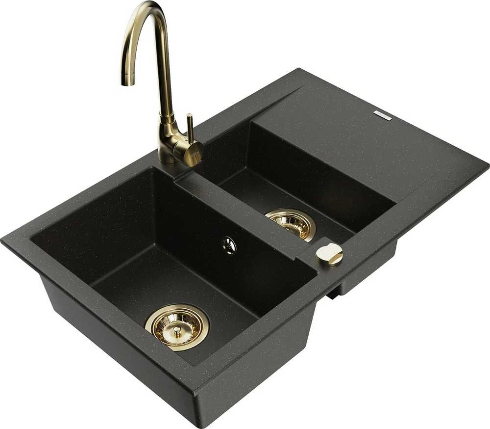 Granitinė virtuvinė plautuvė Mexen Gaspar su maišytuvu ir sifonu, Metallic juodas/auksinis+Gold