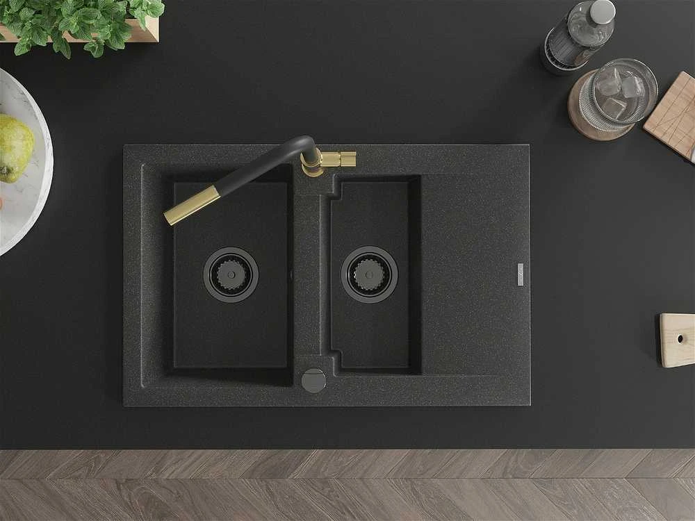 Granitinė virtuvinė plautuvė Mexen Gaspar su maišytuvu ir sifonu, Juodas granite+Juodas/Gold
