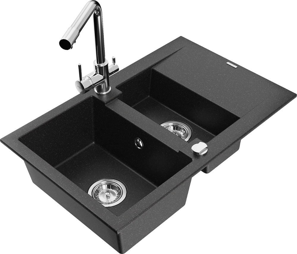 Granitinė virtuvinė plautuvė Mexen Gaspar su maišytuvu ir sifonu, Metallic juodas/sidabrinis+Chrome