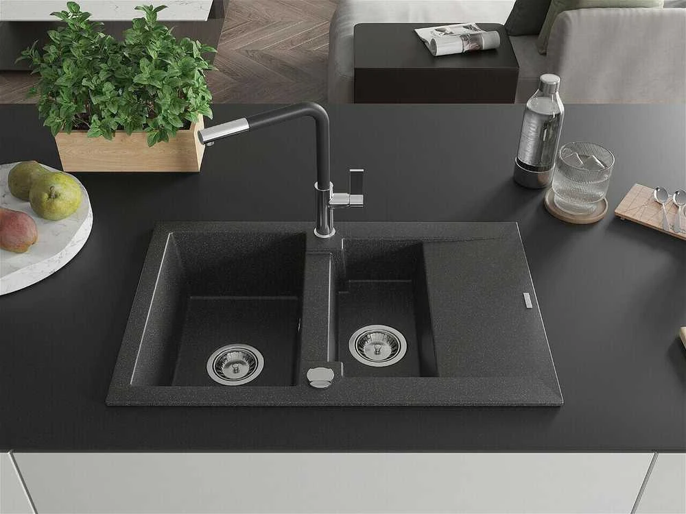 Granitinė virtuvinė plautuvė Mexen Gaspar su maišytuvu ir sifonu, Juodas granite+Juodas/Chrome