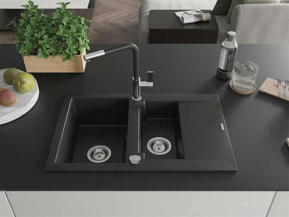 Granitinė virtuvinė plautuvė Mexen Gaspar su maišytuvu ir sifonu, Metallic juodas/sidabrinis+Juodas/Chrome