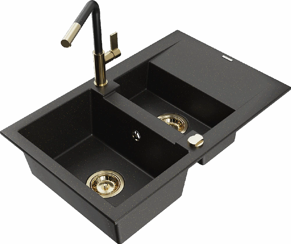 Granitinė virtuvinė plautuvė Mexen Gaspar su maišytuvu ir sifonu, Metallic juodas/auksinis+Juodas/Gold