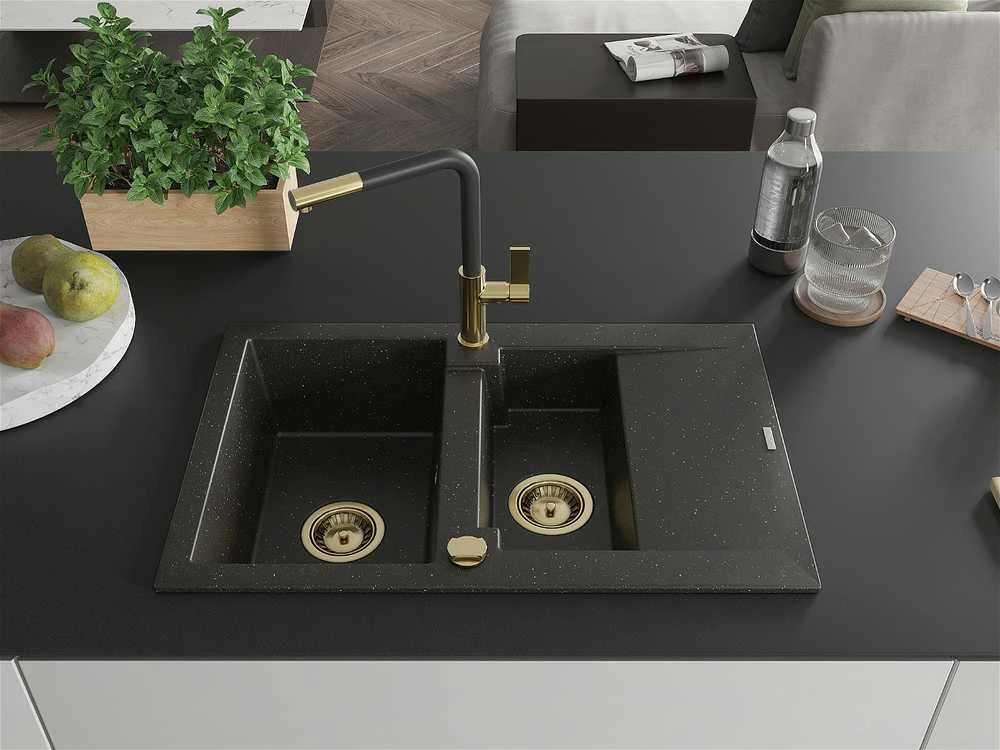 Granitinė virtuvinė plautuvė Mexen Gaspar su maišytuvu ir sifonu, Metallic juodas/auksinis+Juodas/Gold