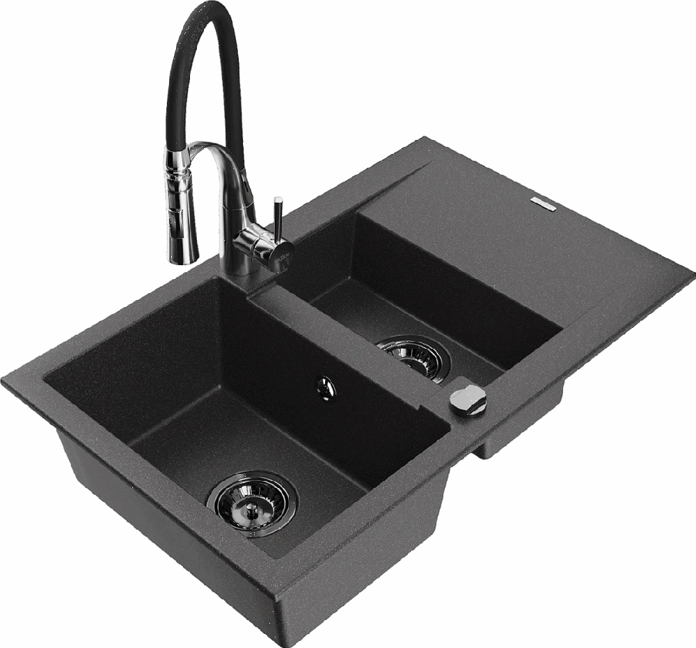 Granitinė virtuvinė plautuvė Mexen Gaspar su maišytuvu ir sifonu, Juodas granite+Juodas/Chrome
