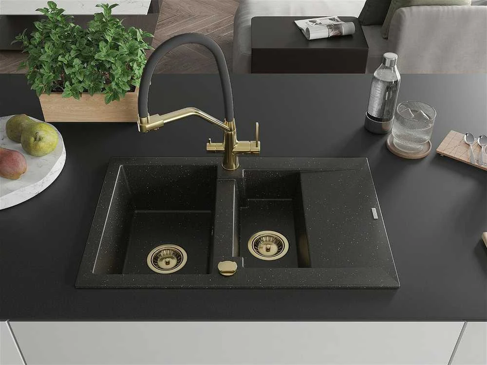 Granitinė virtuvinė plautuvė Mexen Gaspar su maišytuvu ir sifonu, Metallic juodas/auksinis+Juodas/Gold