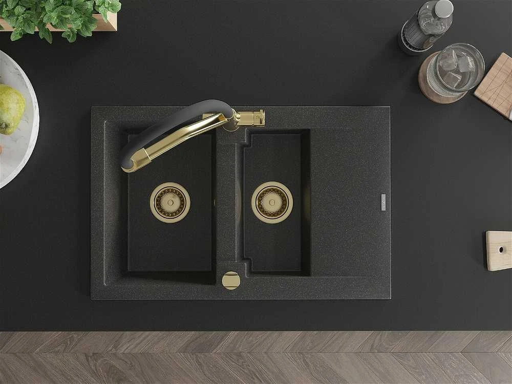 Granitinė virtuvinė plautuvė Mexen Gaspar su maišytuvu ir sifonu, Juodas granite+Juodas/Gold