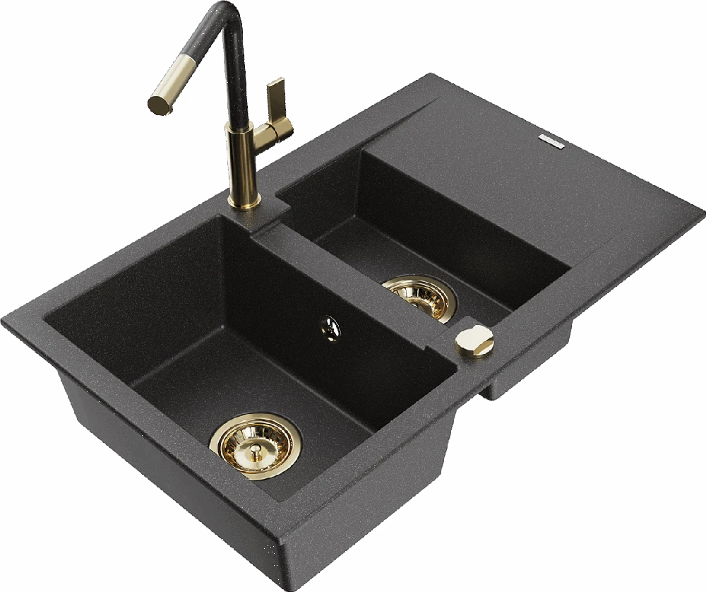 Granitinė virtuvinė plautuvė Mexen Gaspar su maišytuvu ir sifonu, Juodas granite+Juodas granite/Gold