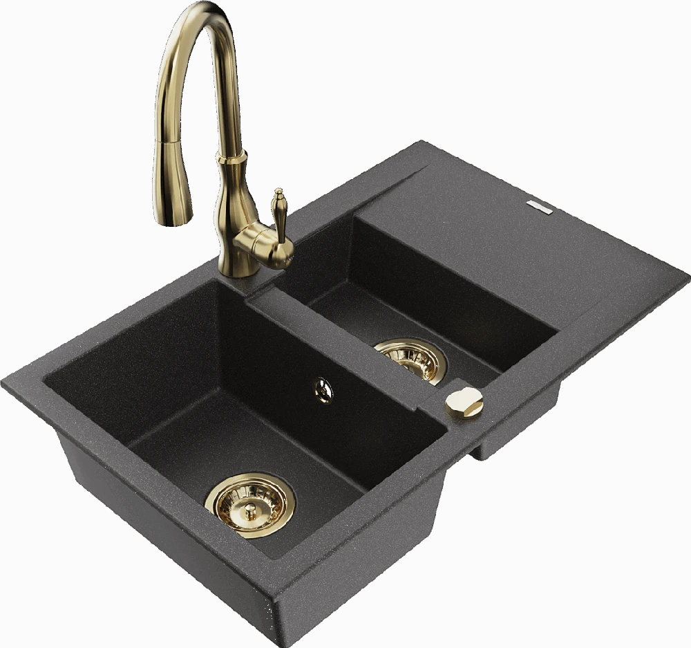 Granitinė virtuvinė plautuvė Mexen Gaspar su maišytuvu ir sifonu, Juodas granite+Gold