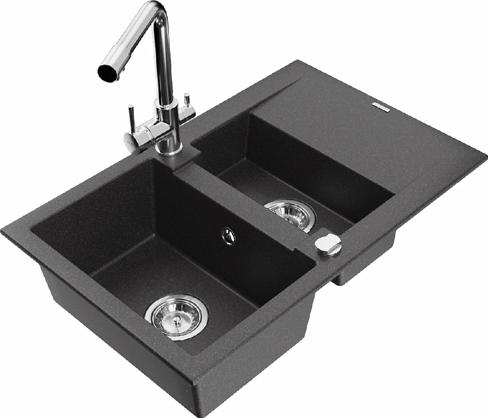 Granitinė virtuvinė plautuvė Mexen Gaspar su maišytuvu ir sifonu, Juodas granite+Chrome