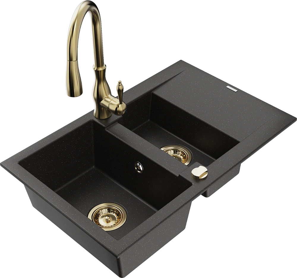 Granitinė virtuvinė plautuvė Mexen Gaspar su maišytuvu ir sifonu, Metallic juodas/auksinis+Gold