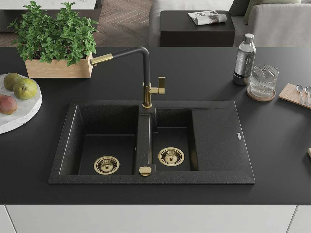 Granitinė virtuvinė plautuvė Mexen Gaspar su maišytuvu ir sifonu, Metallic juodas/sidabrinis+Juodas/Gold