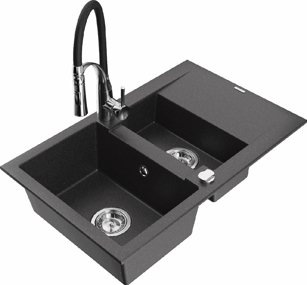 Granitinė virtuvinė plautuvė Mexen Gaspar su maišytuvu ir sifonu, Juodas granite+Juodas/Chrome