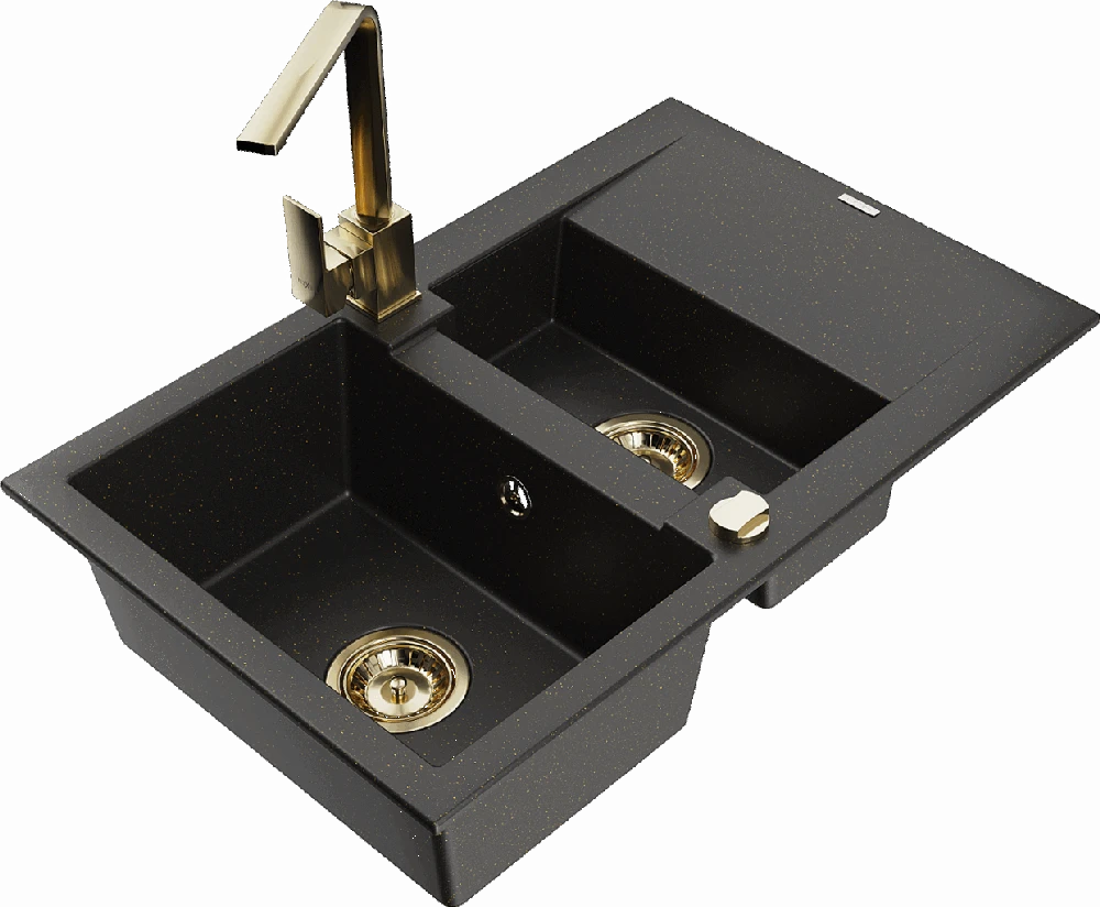 Granitinė virtuvinė plautuvė Mexen Gaspar su maišytuvu ir sifonu, Metallic juodas/auksinis+Gold