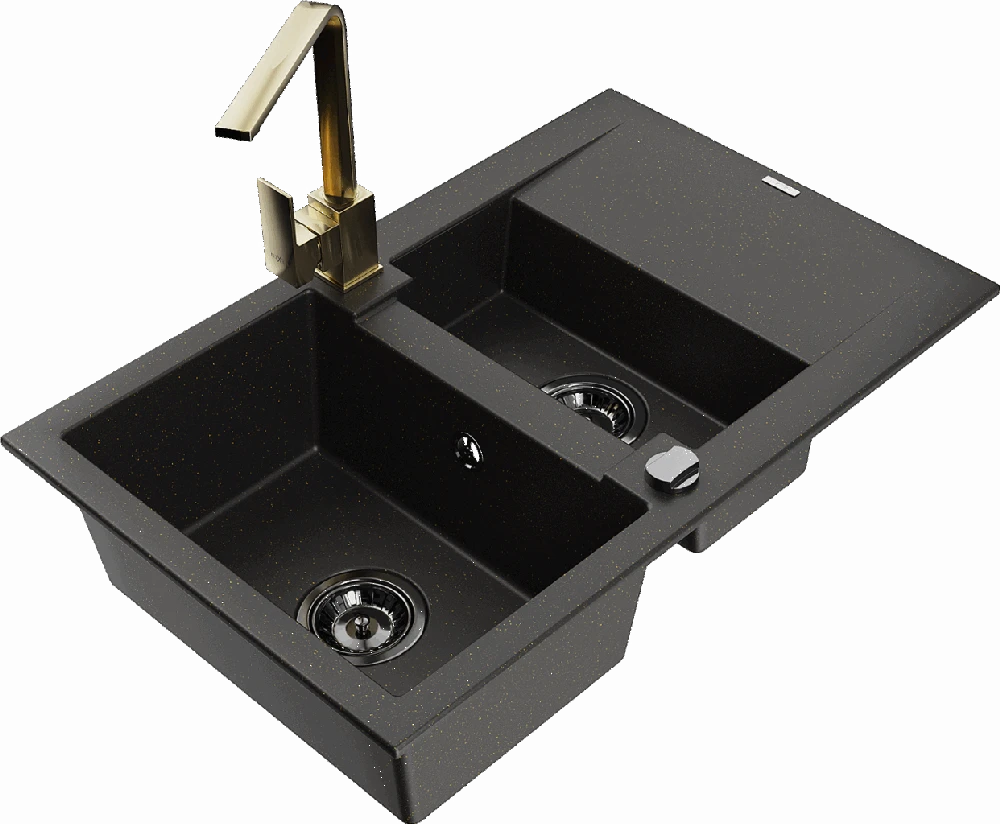 Granitinė virtuvinė plautuvė Mexen Gaspar su maišytuvu ir sifonu, Metallic juodas/auksinis+Gold