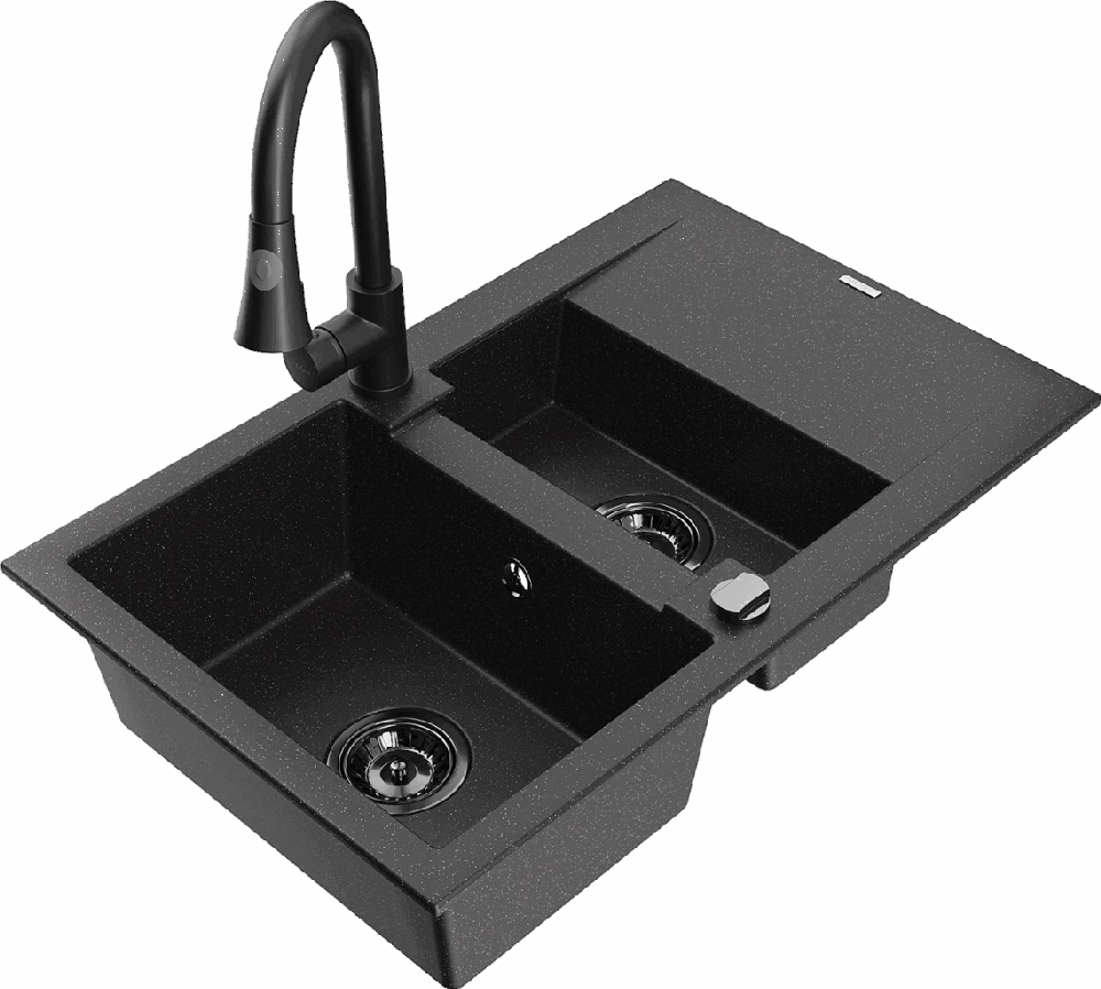 Granitinė virtuvinė plautuvė Mexen Gaspar su maišytuvu ir sifonu, Metallic juodas/sidabrinis+Juodas