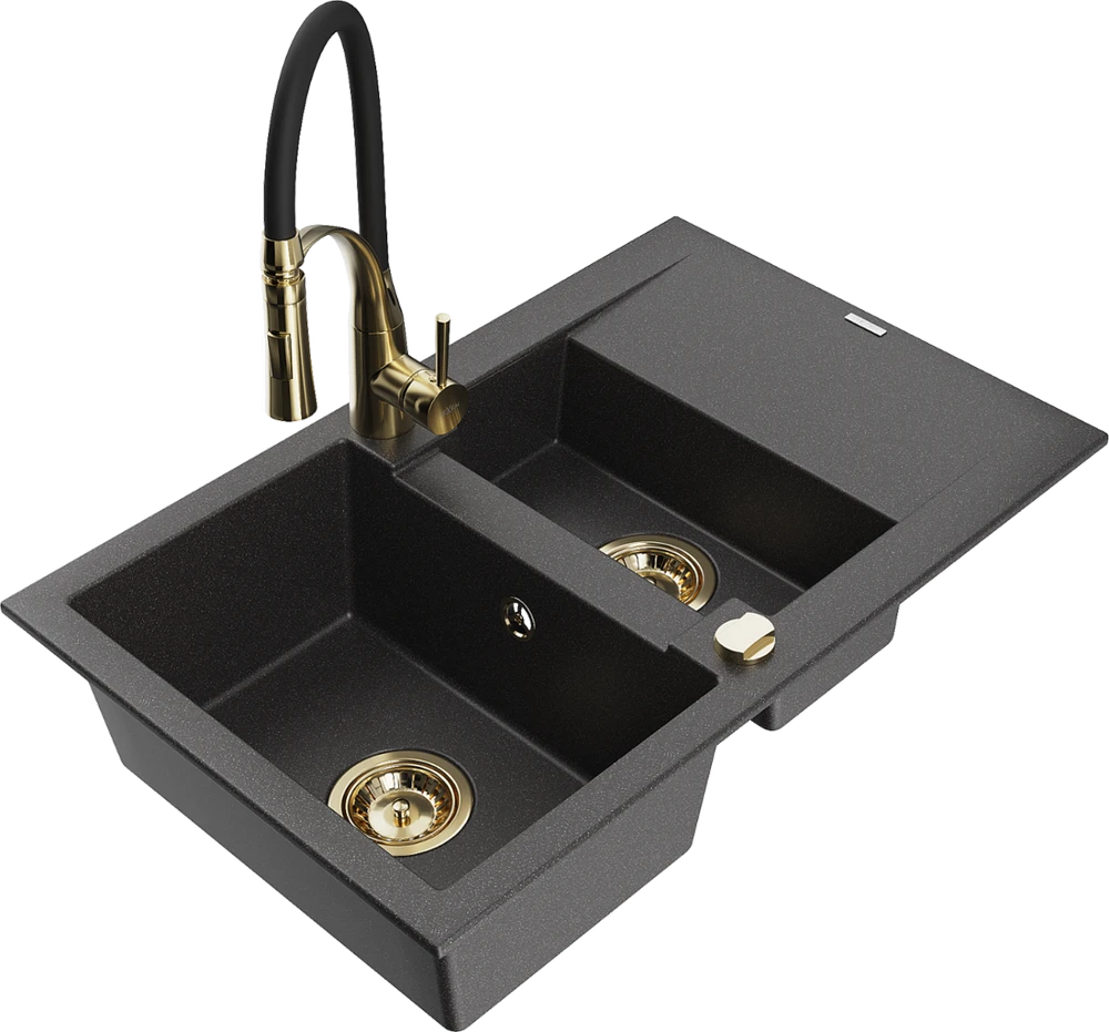 Granitinė virtuvinė plautuvė Mexen Gaspar su maišytuvu ir sifonu, Juodas granite+Juodas/Gold