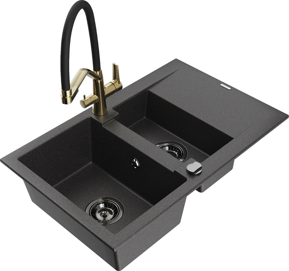Granitinė virtuvinė plautuvė Mexen Gaspar su maišytuvu ir sifonu, Juodas granite+Juodas/Gold
