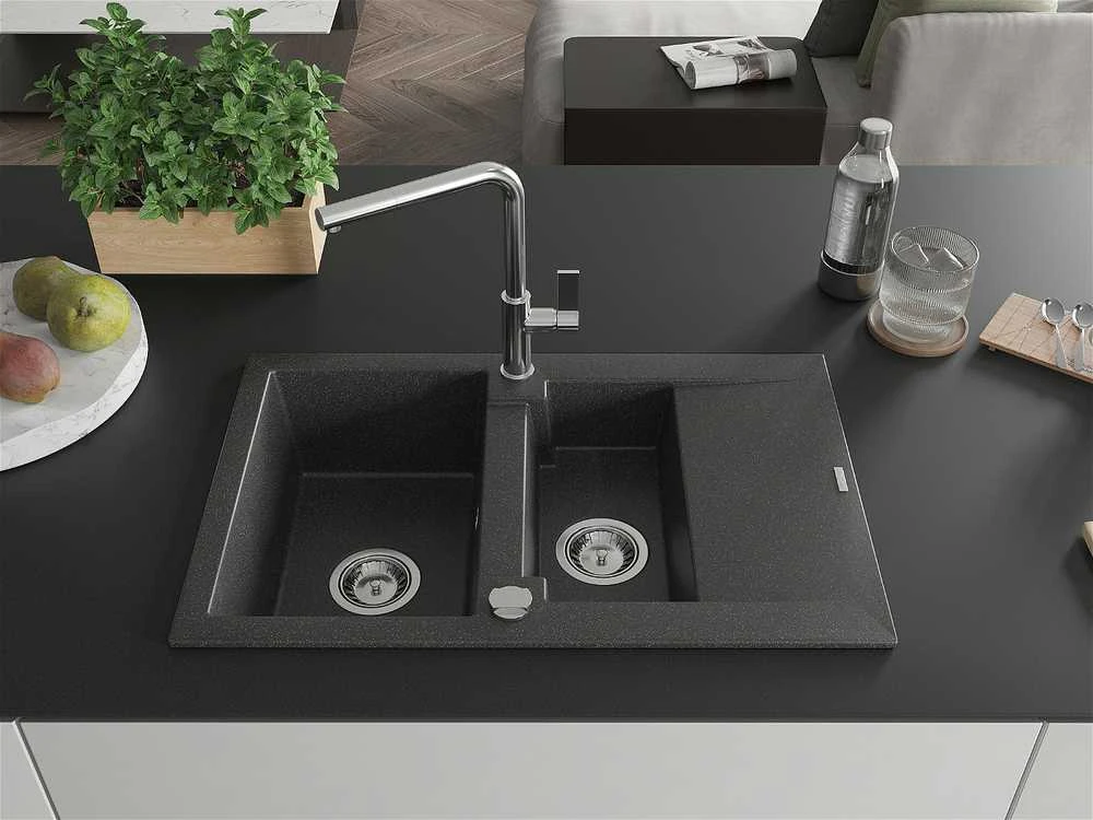 Granitinė virtuvinė plautuvė Mexen Gaspar su maišytuvu ir sifonu, Juodas granite+Chrome