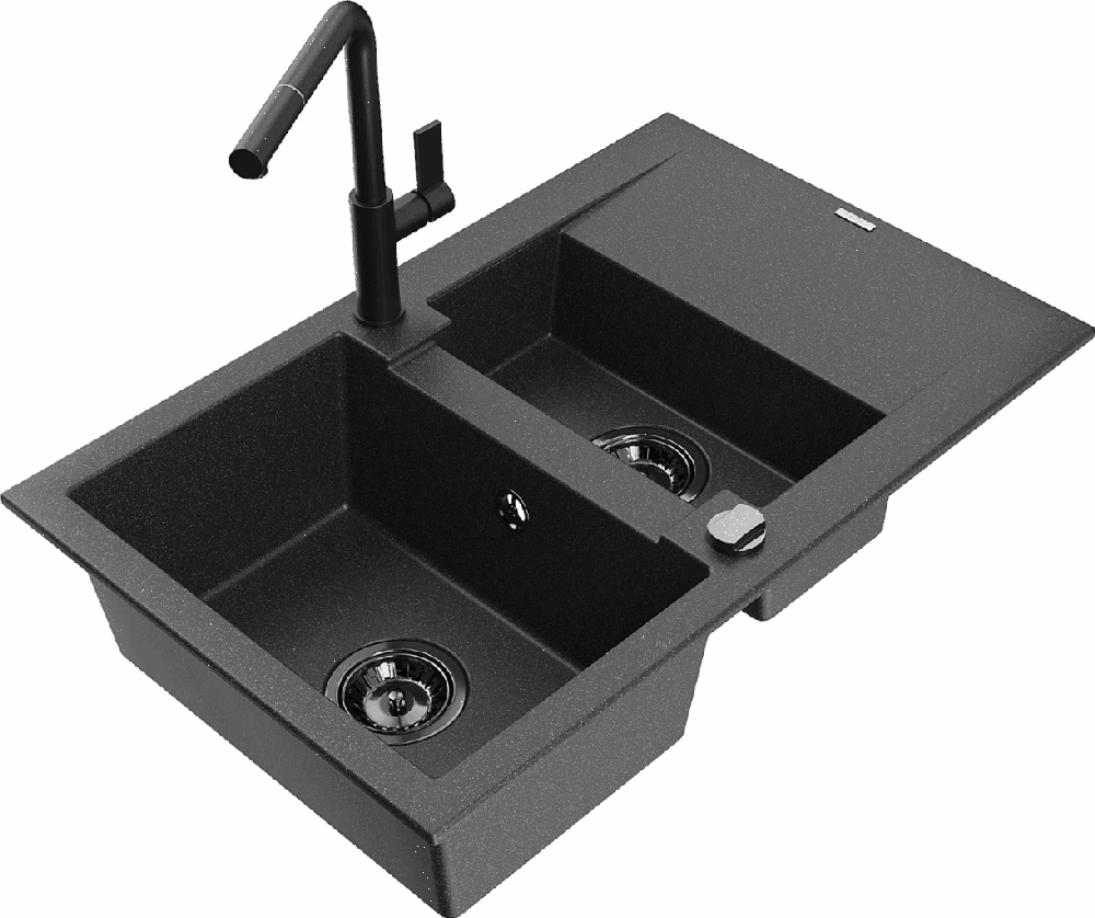 Granitinė virtuvinė plautuvė Mexen Gaspar su maišytuvu ir sifonu, Juodas granite+Juodas