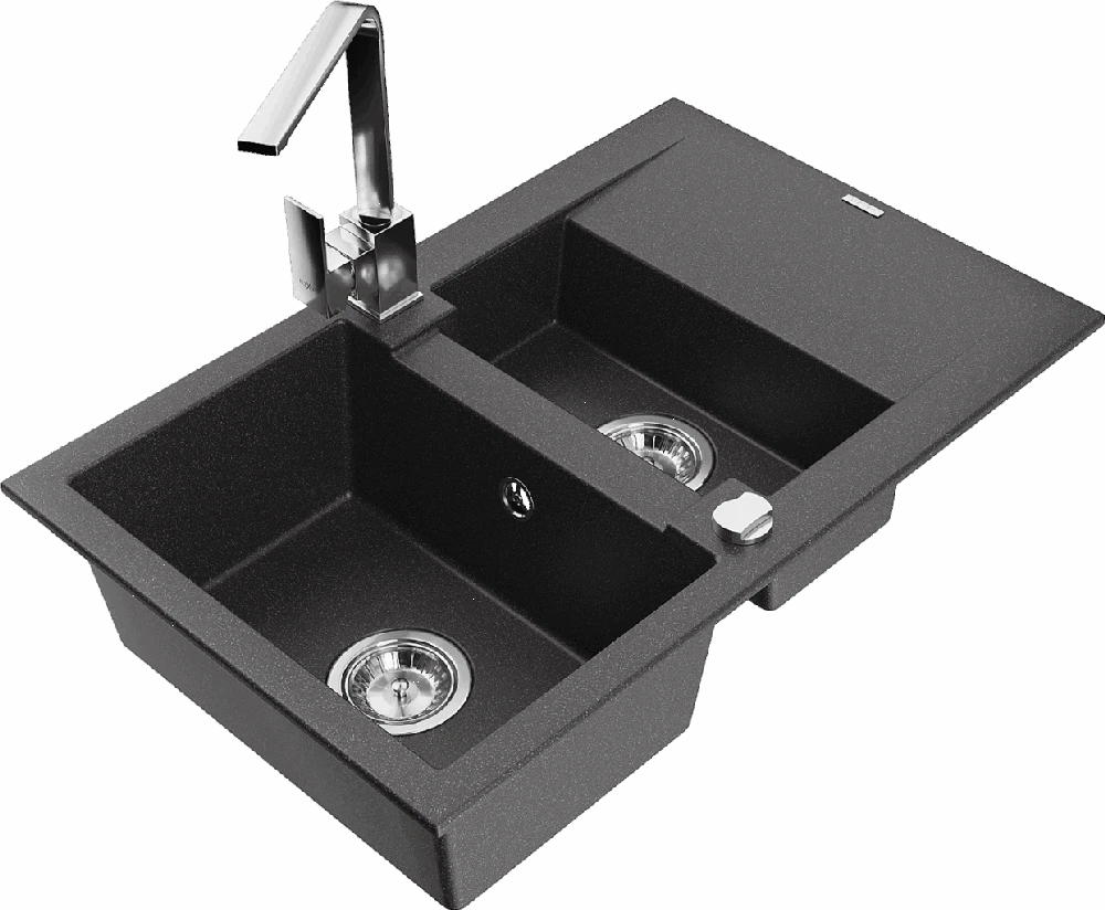 Granitinė virtuvinė plautuvė Mexen Gaspar su maišytuvu ir sifonu, Juodas granite+Chrome