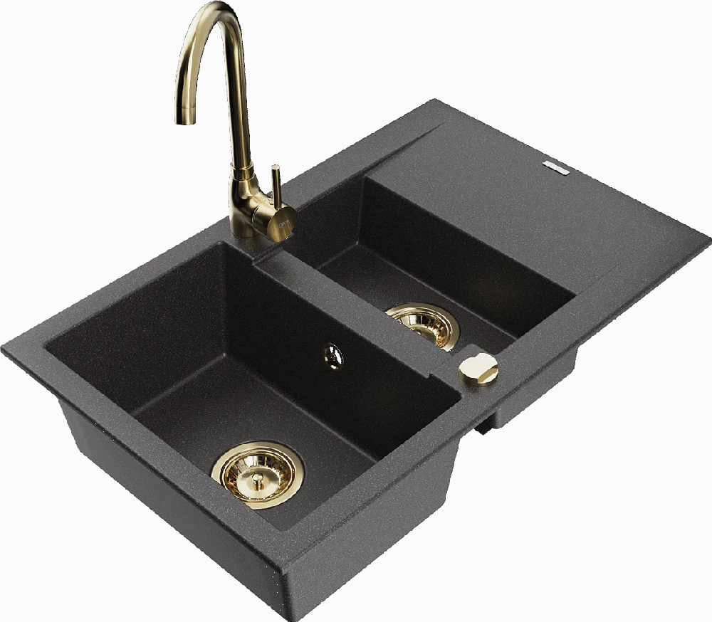 Granitinė virtuvinė plautuvė Mexen Gaspar su maišytuvu ir sifonu, Juodas granite+Gold