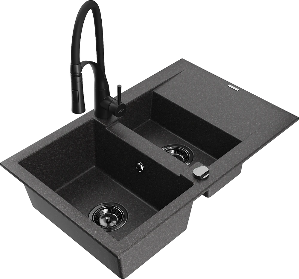 Granitinė virtuvinė plautuvė Mexen Gaspar su maišytuvu ir sifonu, Juodas granite+Juodas