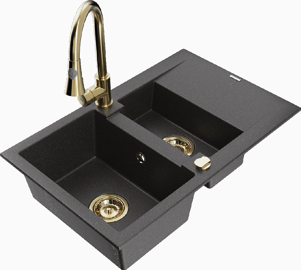 Granitinė virtuvinė plautuvė Mexen Gaspar su maišytuvu ir sifonu, Juodas granite+Gold