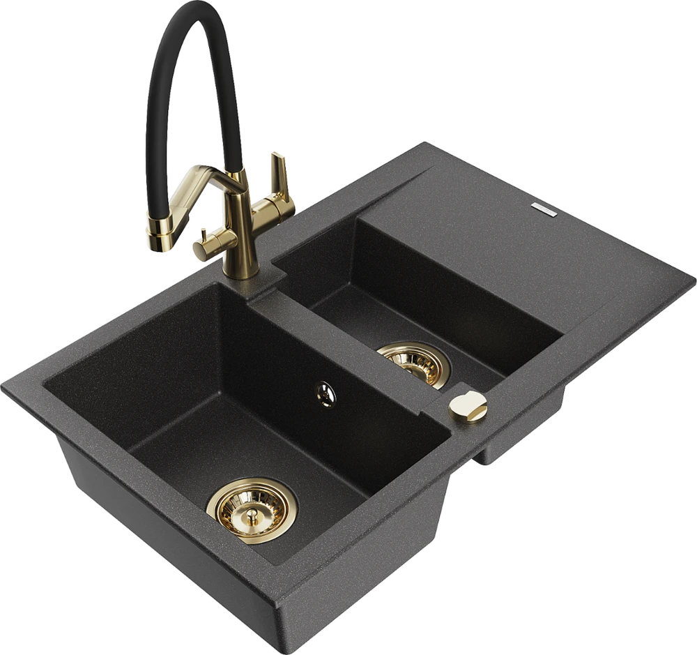 Granitinė virtuvinė plautuvė Mexen Gaspar su maišytuvu ir sifonu, Juodas granite+Juodas/Gold