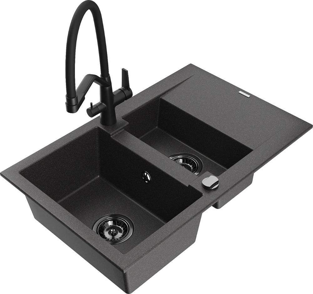 Granitinė virtuvinė plautuvė Mexen Gaspar su maišytuvu ir sifonu, Juodas granite+Juodas