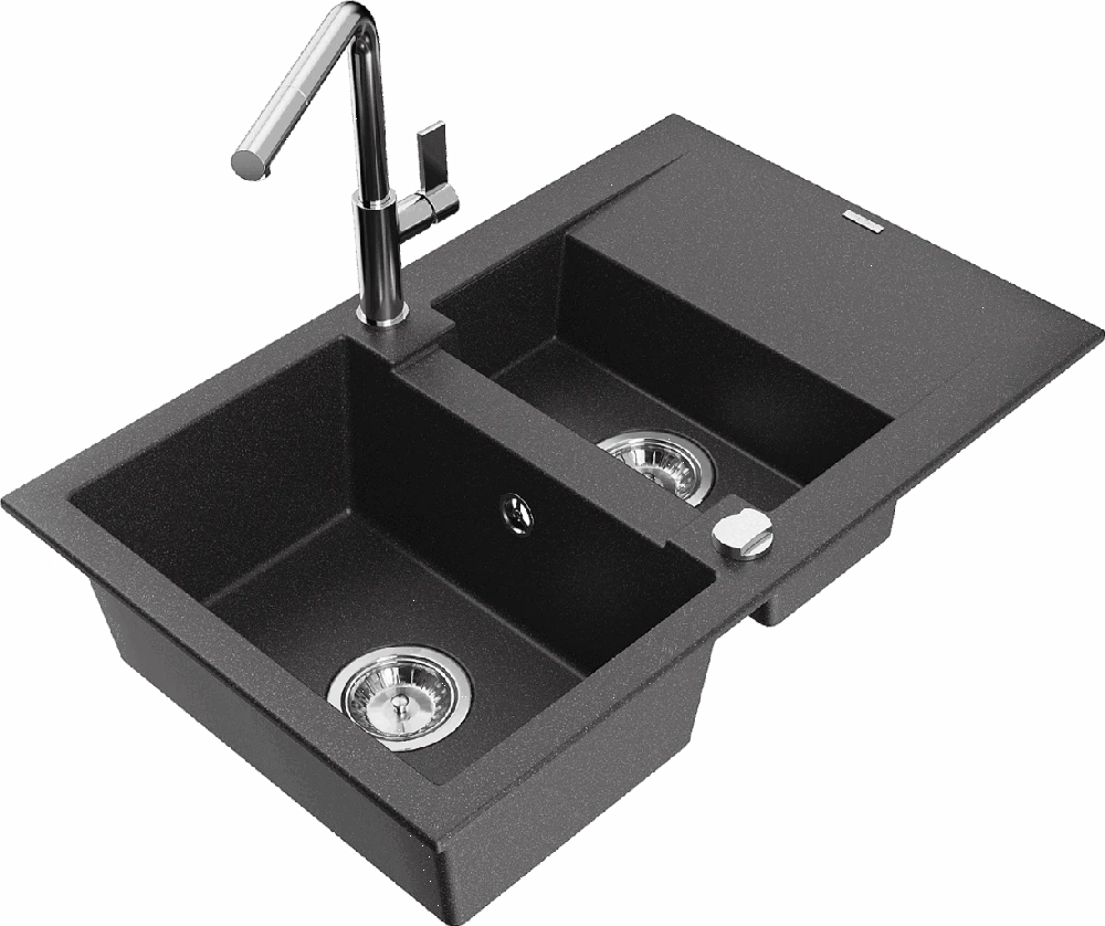 Granitinė virtuvinė plautuvė Mexen Gaspar su maišytuvu ir sifonu, Juodas granite+Chrome